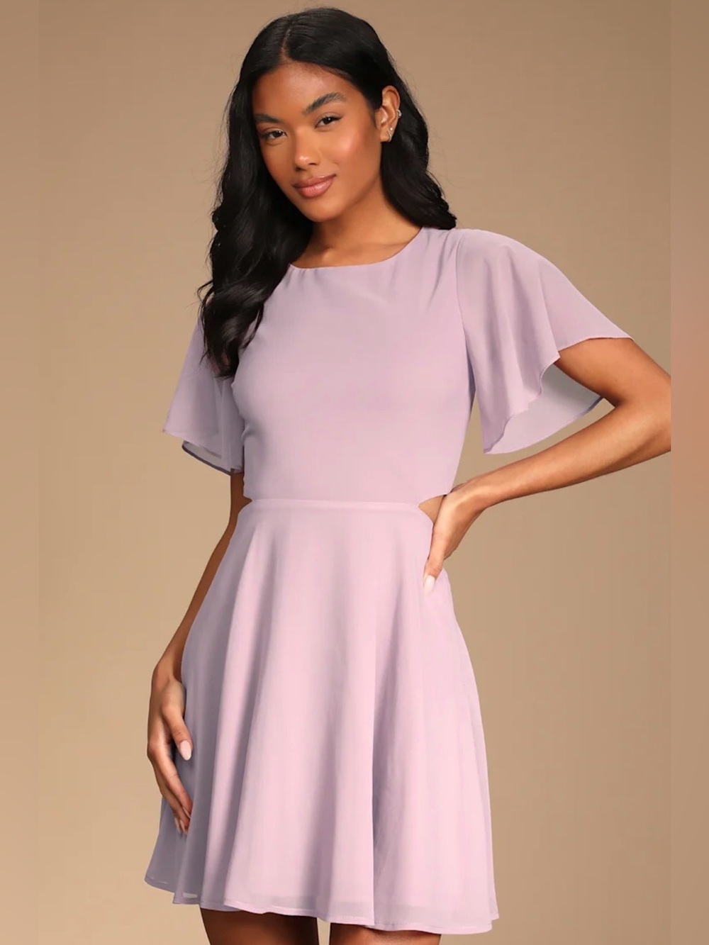 Lulus Mauve Pink Flutter Sleeve Cutout Waist Fit & Flare Mini Dress S NWT